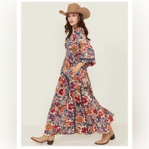 Free People Dixie Print Floral Maxi Dress size Medium bell sleeves Western